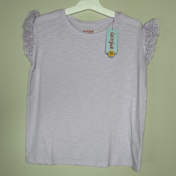 Cat & Jack Eyelet Shortsleeve Shirt Girl's L (10/12) Plus Crew Neck Violet NWT - Picture 1 of 9